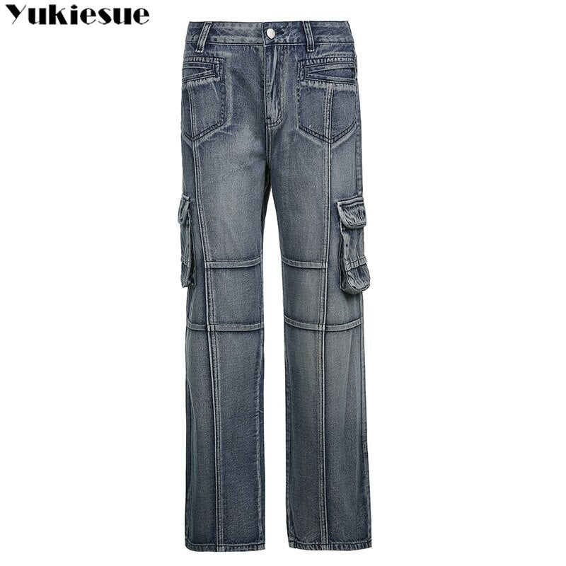 Vintage Jeans woman Low Waisted Pockets Trousers Baggy Casual  women Denim Cargo Pants Women Straight Hot Korean Jeans 90s