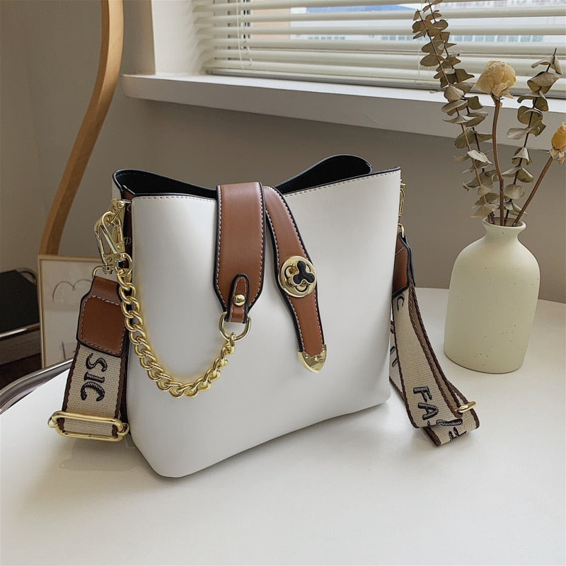 Small Women Bucket Shoulder Bags Contrast Color Leather Ladies Messenger Bag Broadband Crossbody Bags Casual Designer Handbags