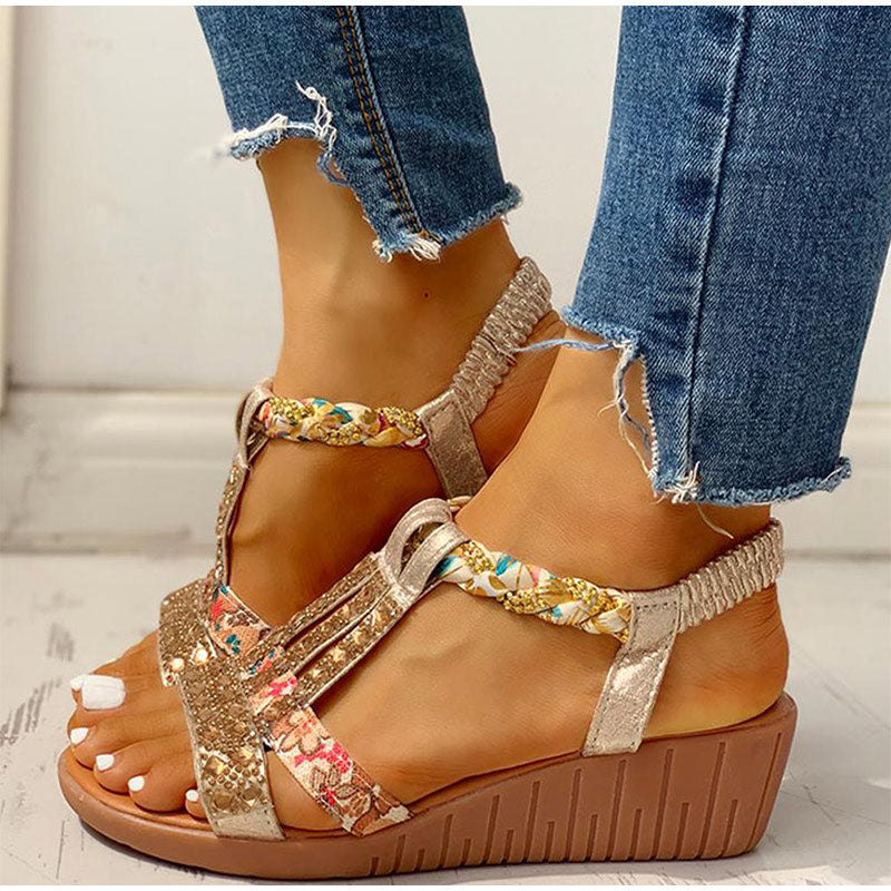 Women&#39;s Sandals Summer Bohemia Platform Wedges Shoes Crystal Gladiator Rome Woman Beach Shoes Casual Elastic Band Female