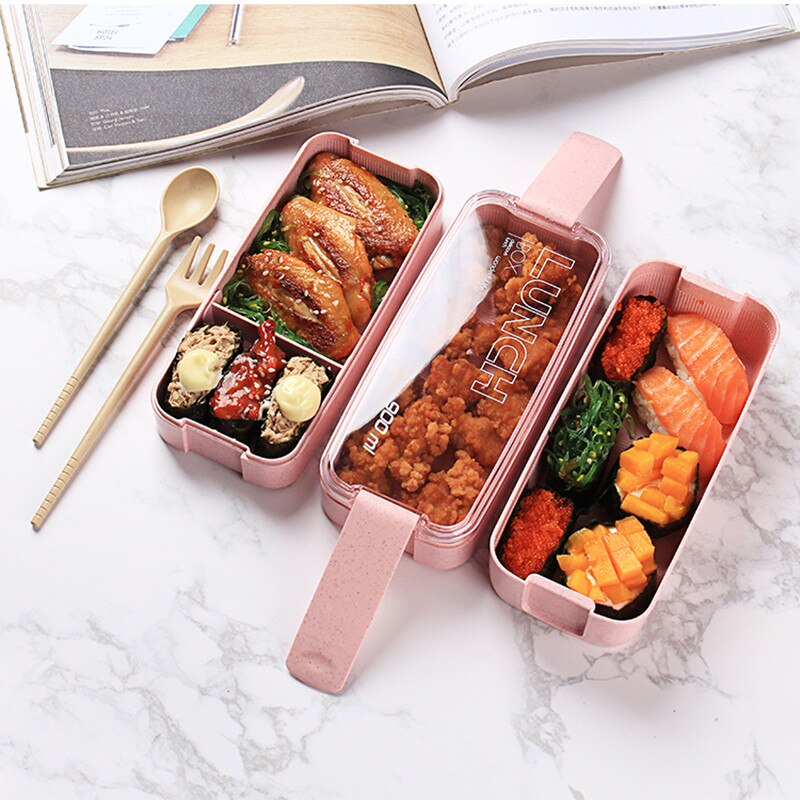 Kitchen Microwave Lunch Box Wheat Straw Healthy Material 3 Layer Japanese Bento Box Food Container Kids School Office Dinnerware