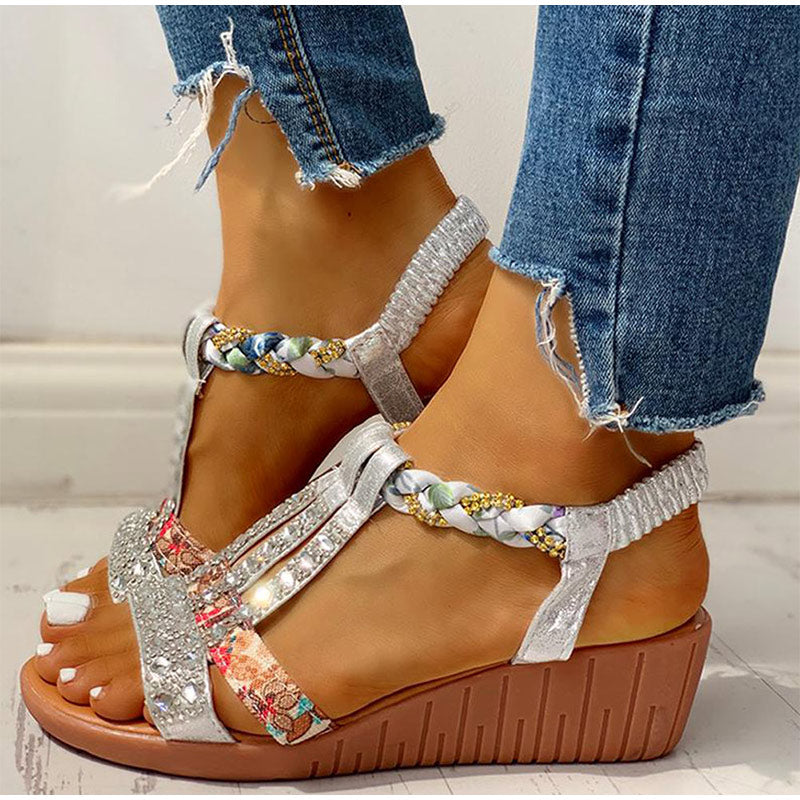 Women&#39;s Sandals Summer Bohemia Platform Wedges Shoes Crystal Gladiator Rome Woman Beach Shoes Casual Elastic Band Female