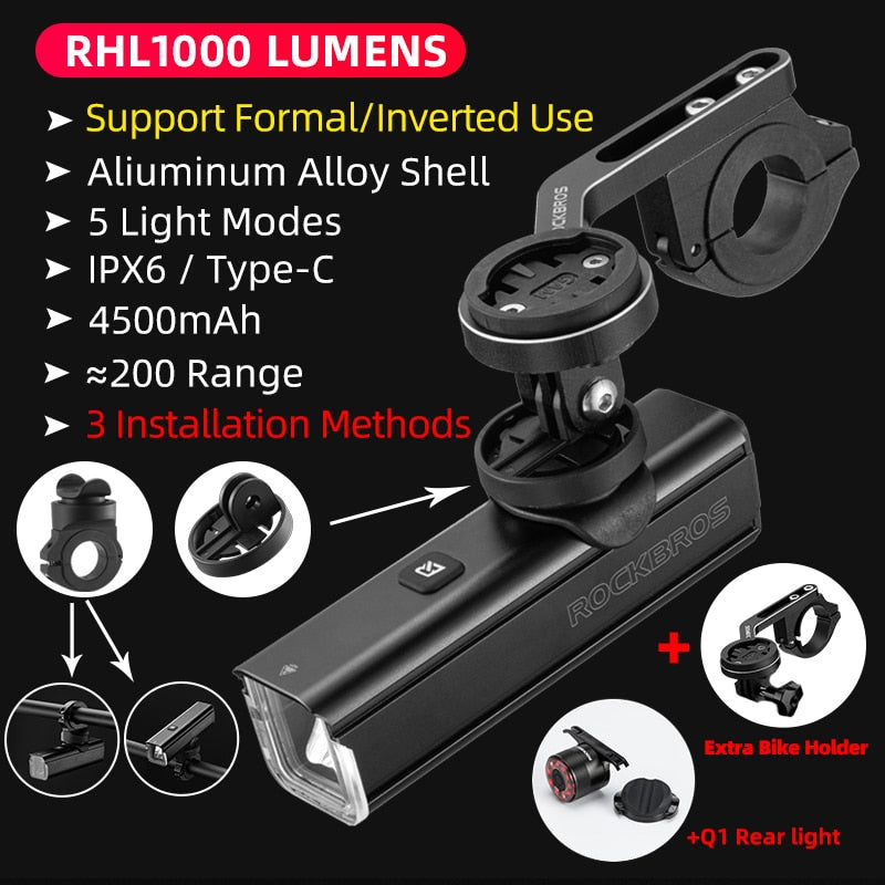 ROCKBROS Bike Front Light IPX6 Rainproof Type-c Rechargeable Bicycle Light 1000LM Cycling Headlight LED Flashlight MTB Bike Lamp