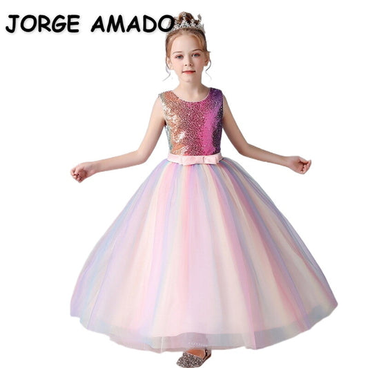 2022 New Summer Party Dress Girl Sleeveless Pink Patchwork Sequined Rainbow Dresses Piano Host Birthday Wedding Flower E1802