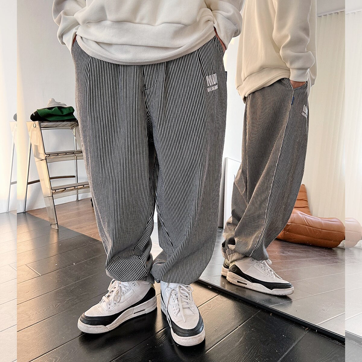 2022 Fashion Hip Hop Stripes Loose Embroidery Harem Pants Men Streetwear Poppin Dance Pants Harajuku Straight Casual Trousers