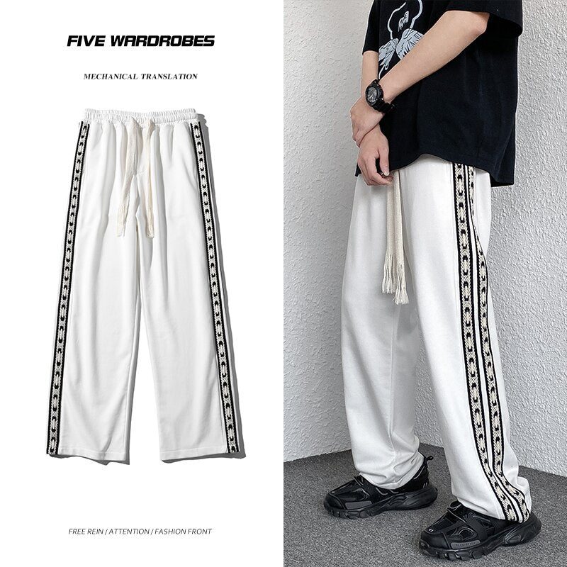 Korean style fashion men&#39;s lace-up knitted sweatpants loose straight wide leg pants boy jogging trousers casual pants black grey