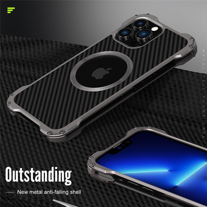 Carbon Fiber Lens Protection Phone Case for iPhone 14 Plus 12 13 Pro Max Mini Compatible with MagSafe Metal Bumpers Cover