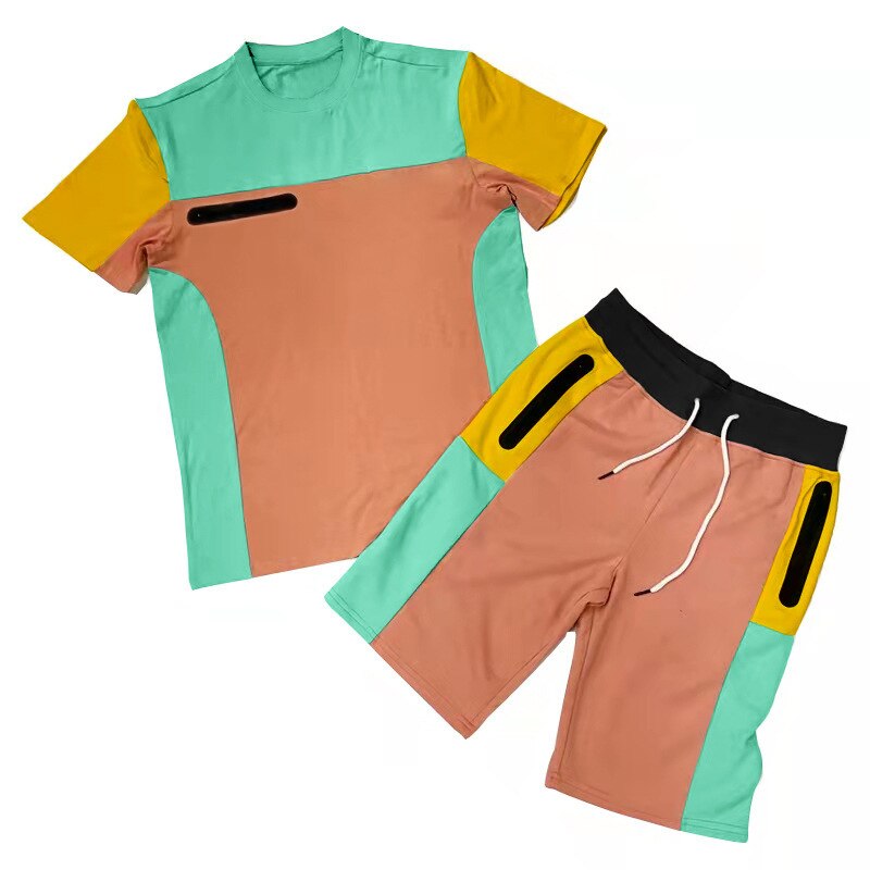 Patchwork Fabric Sportswear 2 Piece Short Set Summer Man Fashion Tracksuit Sweat Suits