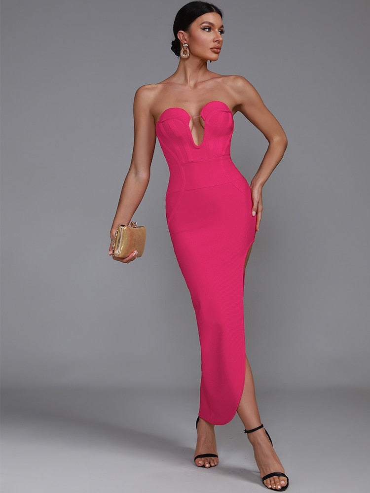 Pink Bandage Dress Women Midi Party Dress Bodycon Elegant Sexy Strapless Evening Birthday Club Outfits Summer