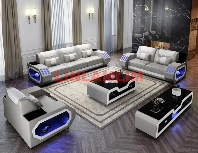 MANBAS Leather Sofa Set with LED Light Living Room Furniture Couch Sofas Modernos Para Sala Grandes Sofás with USB Charging,Tabl