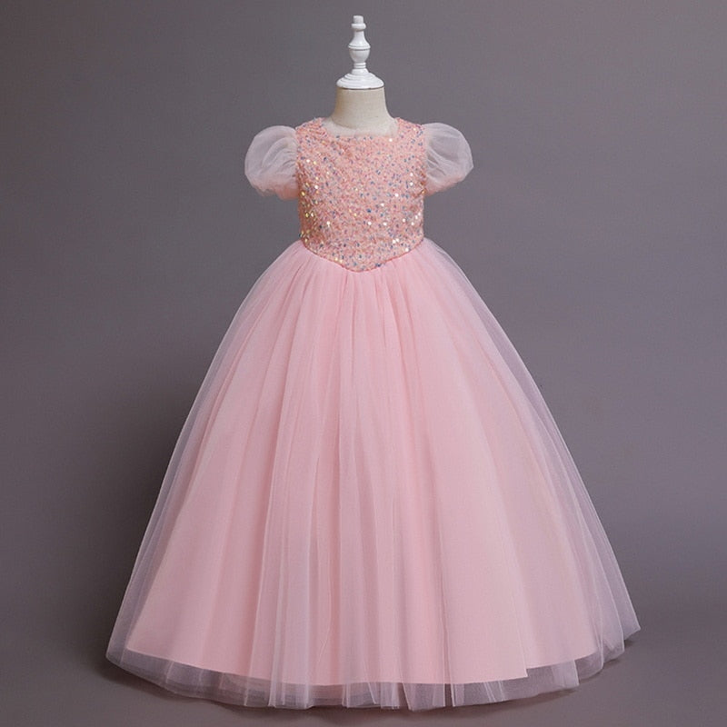 2022 Europe Summer Party Dress Girl Rainbow Short Puff Sleeves Sequined Princess Dress Piano Host Birthday Wedding Dress E323