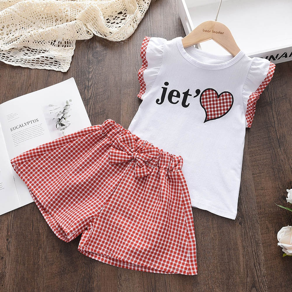 Menoea Toddler Girls Clothes Sets 2022 New Summer Patchwork T-shirts + Plaid Bow Shorts Casual Outfits Baby Kids Clothing Suits