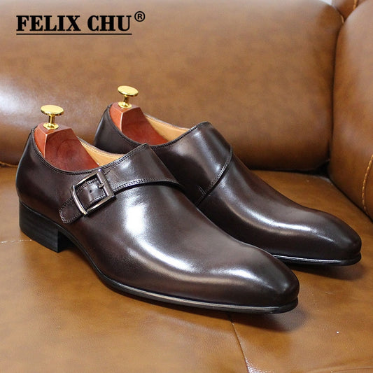 Brand Designer Mens Dress Shoes Classic Genuine Leather Buckle Monk Strap Dark Brown Black Office Business Formal Shoes for Men