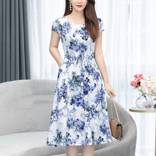 New Fashion Casual Loose Summer Dress For Women Plus Size Clothes Print Elegant O-neck Short Sleeve Natural Woman Clothing