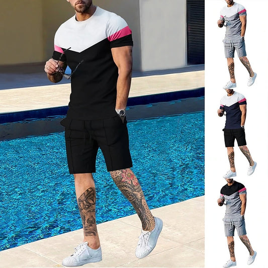 T-shirt Suits Men Clothing Plus Size 3D Printed Color Block Graphic New Fashion Designer Round Neck Ropa Short Sleeve 2 Pcs