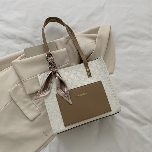 TRAVEASY 2023 Fashion PU Leather Large Capacity zipper Tote Bags for Women Casual Patchwork Scarves Commute Female Shoulder Bags