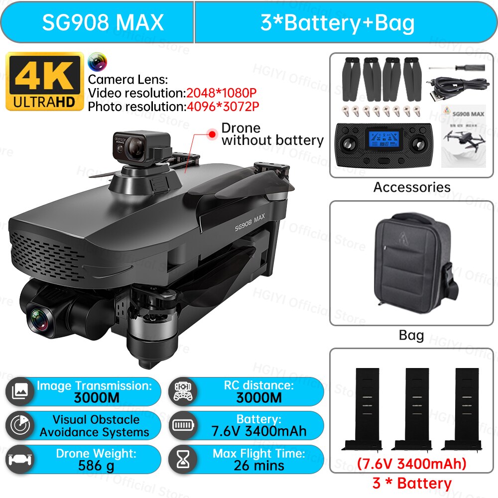 HGIYI SG908 Max Drone 4K Profesional 3-Axis Gimbal Obstacle Avoidance HD Camera Dron GPS RC Helicopter Quadcopter VS SG907 Max