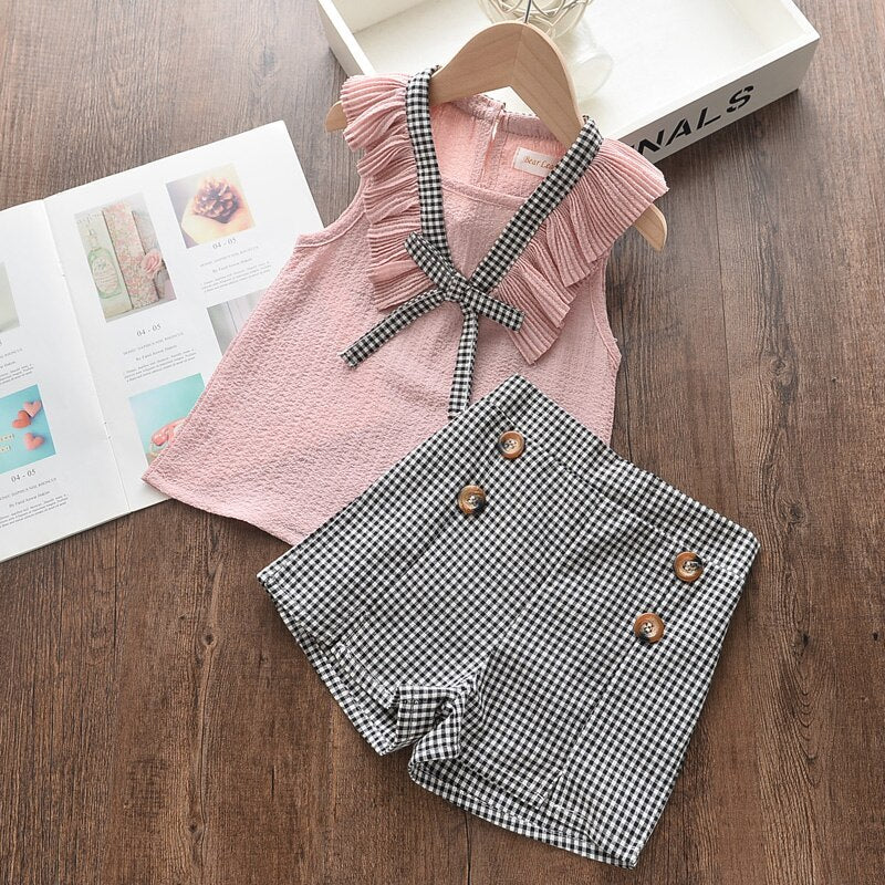 Menoea Toddler Girls Clothes Sets 2022 New Summer Patchwork T-shirts + Plaid Bow Shorts Casual Outfits Baby Kids Clothing Suits