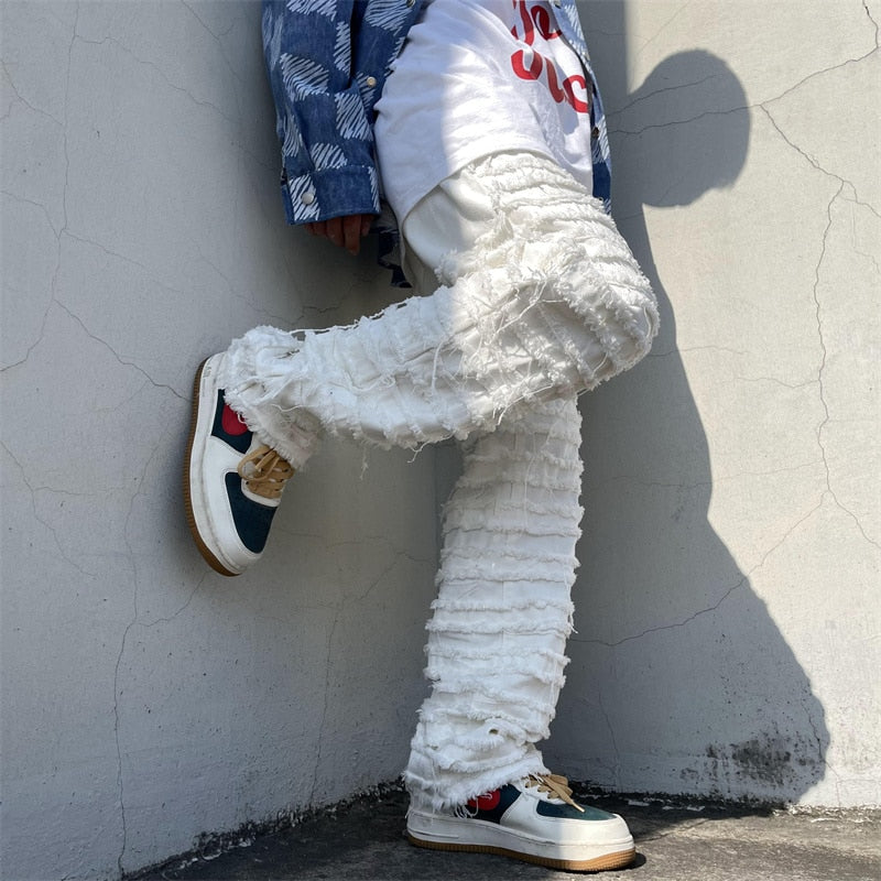 American Street Hip-hop Heavy Industry Ripped Men&#39;s Jeans 2023 Spring  Straight Loose Vibe Style Skateboard White Flared Pants