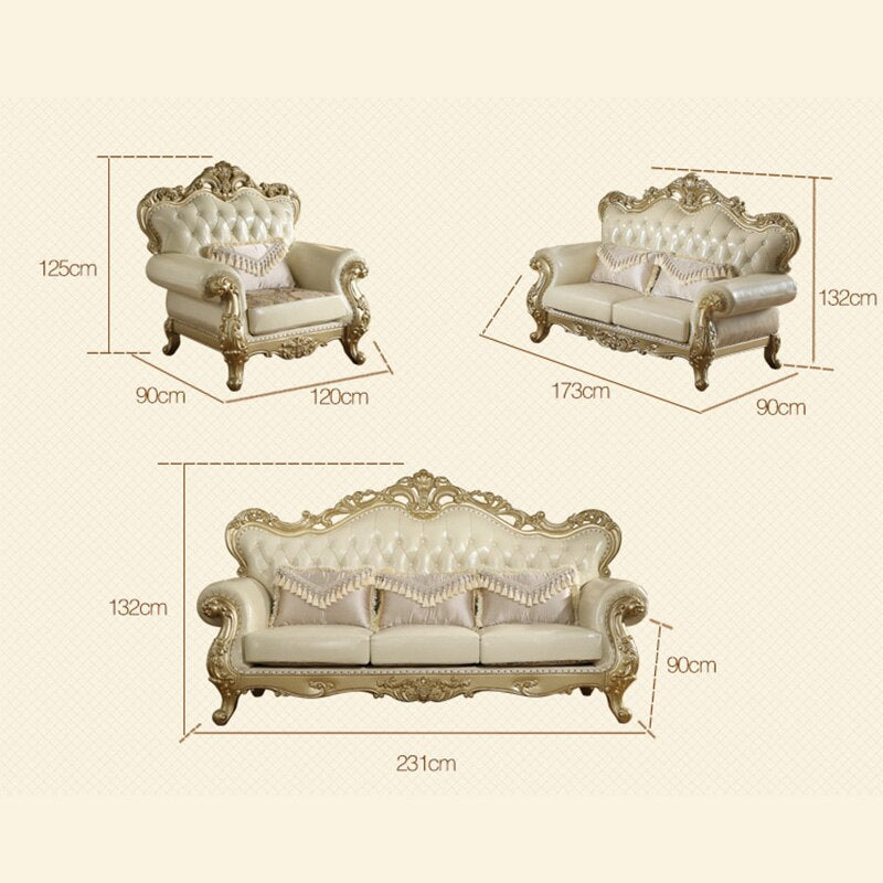 European-style Leather Sofa Combination 123 Luxury Living Room Furniture Full Solid Wood Oak Sofa Champagne Couch Modern Home