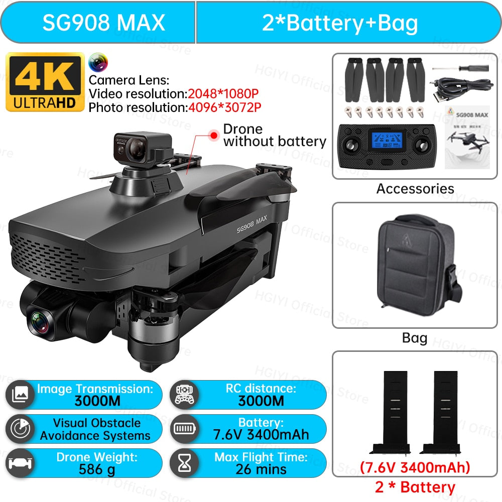 HGIYI SG908 Max Drone 4K Profesional 3-Axis Gimbal Obstacle Avoidance HD Camera Dron GPS RC Helicopter Quadcopter VS SG907 Max