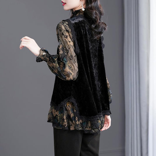 Fold Edible Fungus Lace Vintage Women Blouse Half High Neck Velvet Chiffon Spliced Floral Flare Sleeve Fake Two Pieces Straight