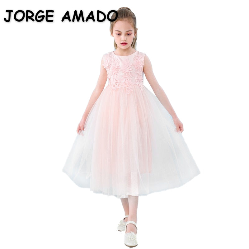 2022 New Flower Girl Dresses Lace Ankle Length Sleeveless Princess Dresses for Party Wedding Show Kids Clothes E1959