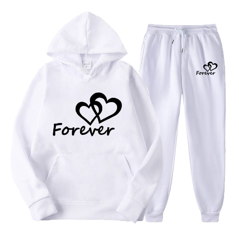 Fashion Men and Women Unisex Couple Sportwear Set Lover Forever Together Printed Hooded Suits Set Hoodie and Pants Streetwear