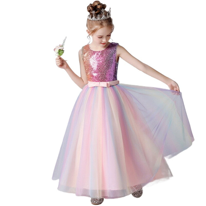 2022 New Summer Party Dress Girl Sleeveless Pink Patchwork Sequined Rainbow Dresses Piano Host Birthday Wedding Flower E1802
