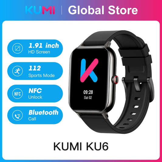 World Premiere KUMI KU6 Smart Watch 1.91inch NFC Smartwatch Bluetooth Call 110+ Sport Heart Rate Tracker IP68 Waterproof