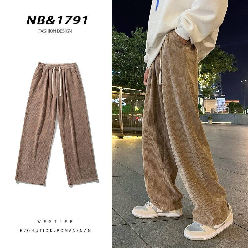 Men&#39;s Loose Corduroy Casual Pants Korean Style Outdoor  Sports Pants Elastic Waist Straight Leg Wide Leg Pants Black Khaki Brown