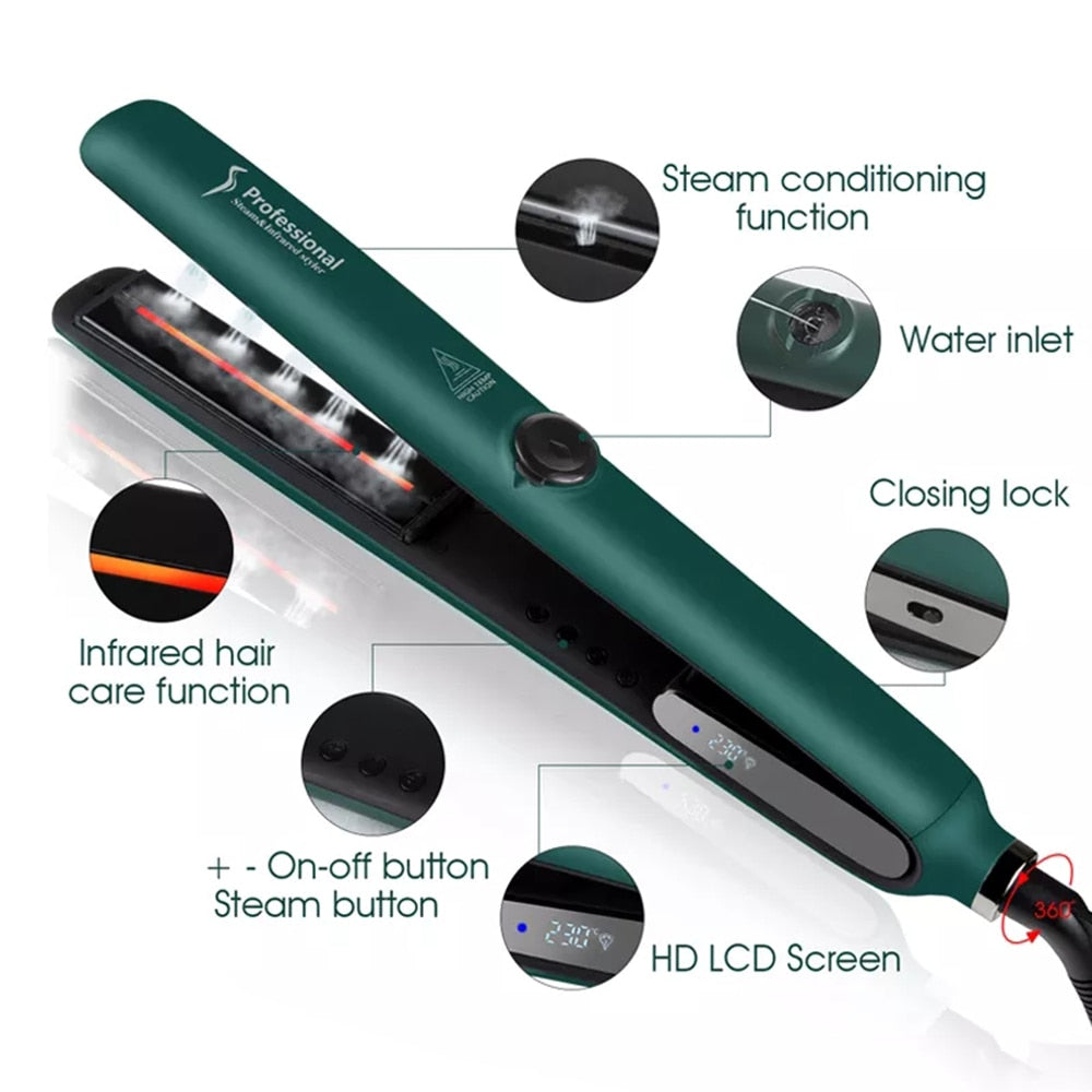 Steam Hair Straightener Ceramic Coating Plates LCD Display Flat Iron MCH Heating Hair Styling Tools with Infrared Function Gifts