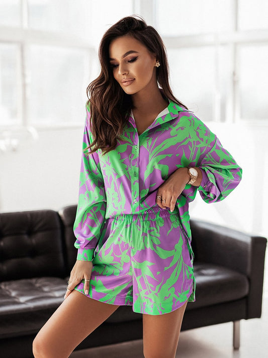 Fashion Casual Vacation set for women autumn Print Bohemian Beach Loose Long Sleeve Suit button Shirt shorts 2 Piece Sets woman