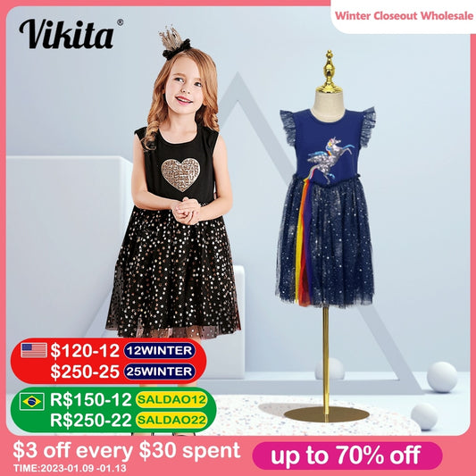 VIKITA Party Dresses for Girls Children Stars Sequins Shiny Vestidos Girl Elegant Prom Evening Princess Summer Ball Gowns