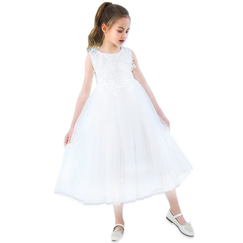 2022 New Flower Girl Dresses Lace Ankle Length Sleeveless Princess Dresses for Party Wedding Show Kids Clothes E1959