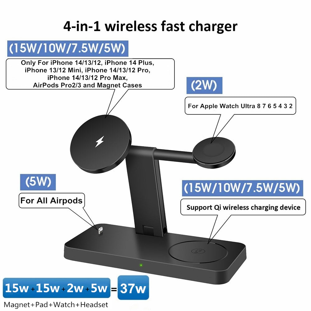 4 in 1 Magnetic Wireless Charger 37W Qi Fast Charging Stand for iPhone 14 13 12 Pro Max Mini 11 X Apple Watch 8 7 SE Airpods 3 2