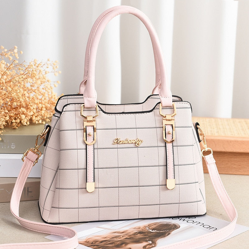 TRAVEASY 2022 PU Leather Plaid Patchwork Female Shoulder Bag Casual Zipper Large Capacity Top-Handle Bag for Women Crossbody Bag