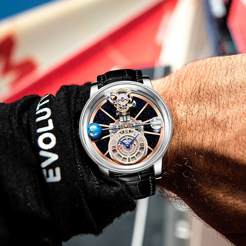 PINDU DESIGN 2023 Latest Fully Transparent Hollow Design Celestial Quartz Watch Men Waterproof Leather Man Wristwatch Relogio
