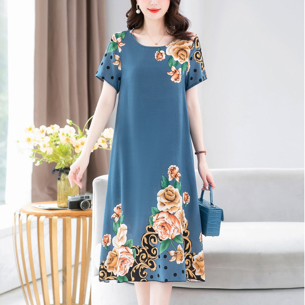 New Fashion 2023 Summer Dress For Long Vintage Loose Women Elegant Short Sleeve Casual O-neck Dresses Print Woman Clothing