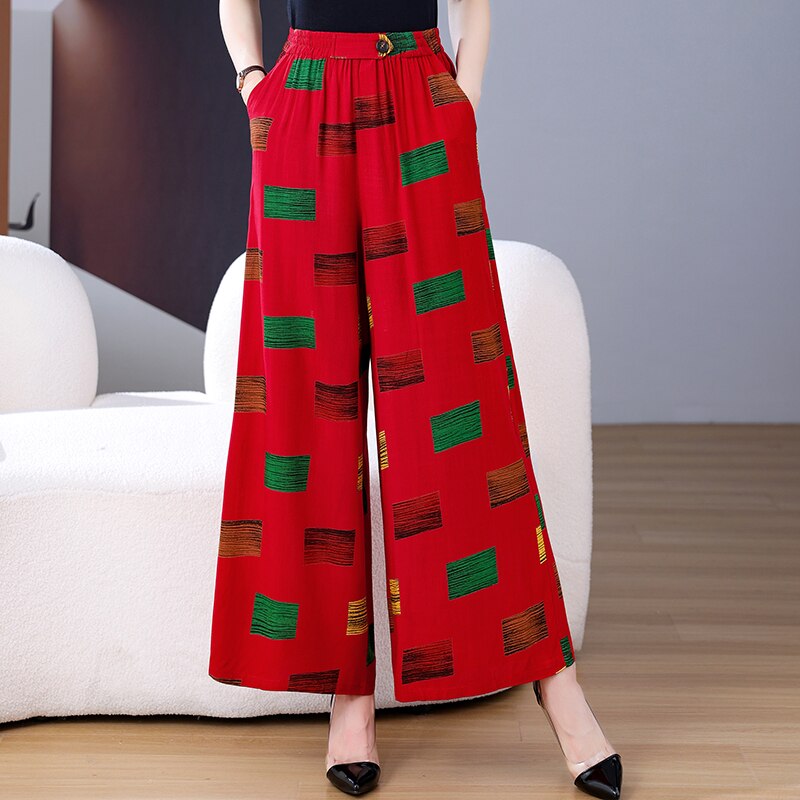 Summer Wide Leg Pants Women Loose High Waist Beach Ankle-Length Trousers Summer Casual Retro Print Plaid Pants