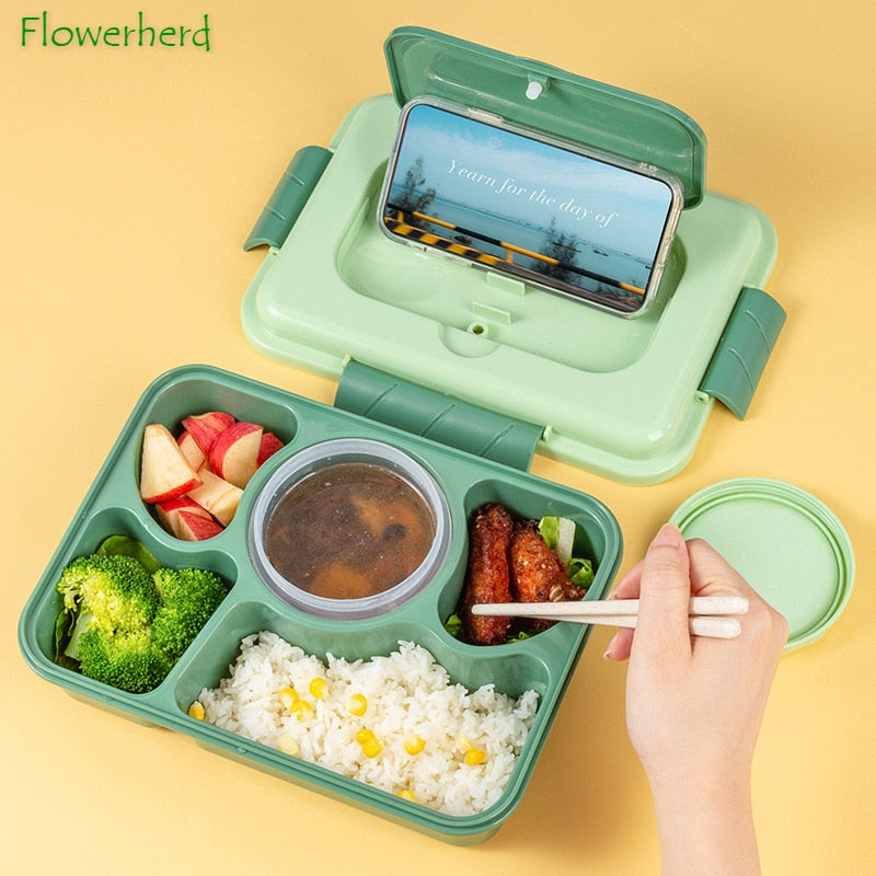 New Bento Lunch Box for Kids Adults 1600ml 5/4 Compartment Bento Box with Bowl Leak-proof Sealed Microwave Safe for Office