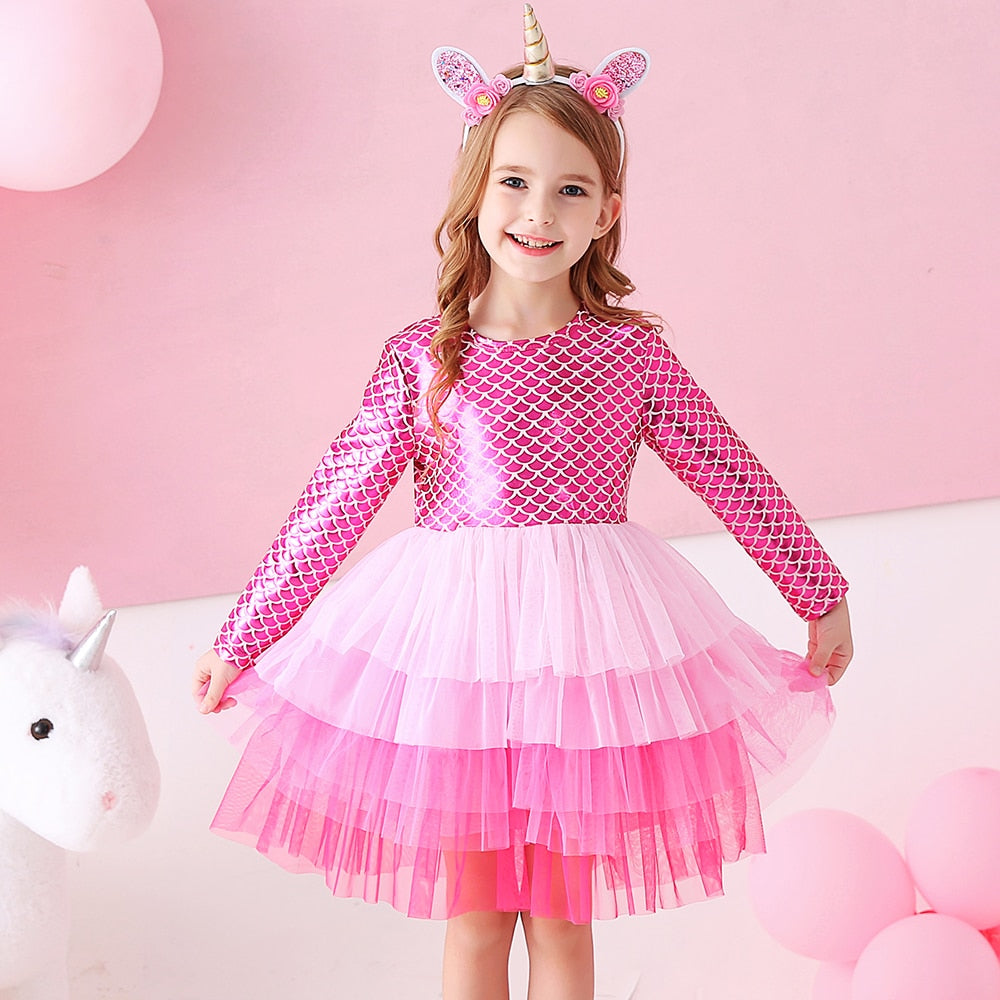 VIKITA Kids Tutu Dress for Girls Long Sleeve Party Prom Vestidos Toddlers Mermaid Unicorn Dresses Kids Princess Autumn Dress