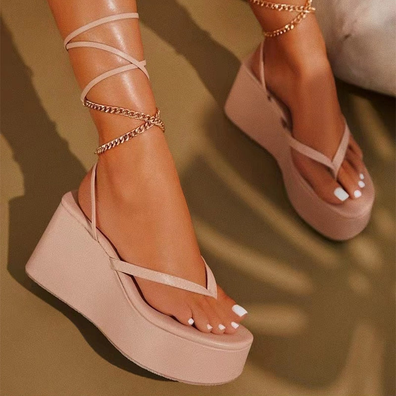 Women&#39;s Sandals Wedges Heels Female Metal Chain Fashion Platform Shoes 2022 New Summer Ladies Clip Toe Ankle Strap Casual Sandal