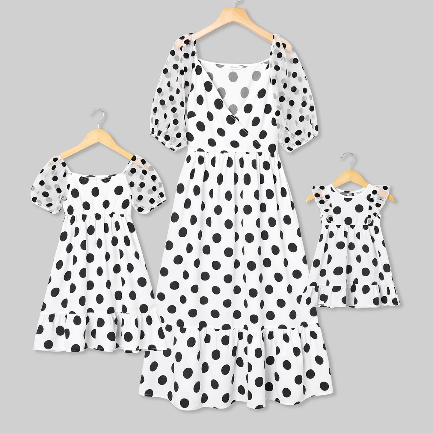 PatPat Black &amp; white Polka Dot Cross Slant V-neck Mesh Puff Sleeves Ruffle Skirt Matching Midi Dresses for Mother and Daughter