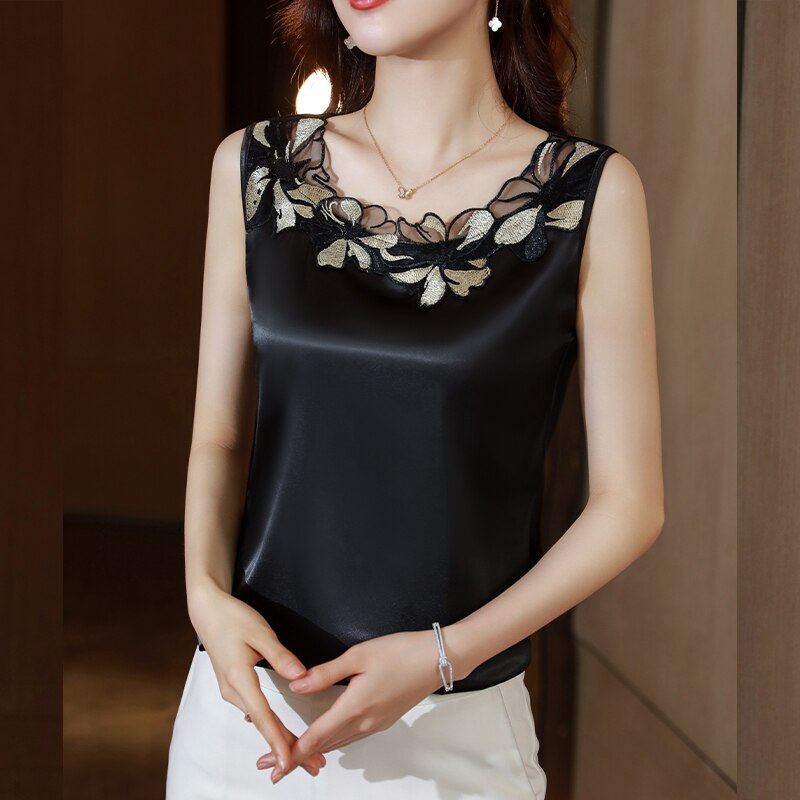 Womens Tops Satin Blouses for Women Women&#39;s Vest Lace Sleeveless Tank Top Floral Elegant Blouse Silk Women Clothing Ladies Tops