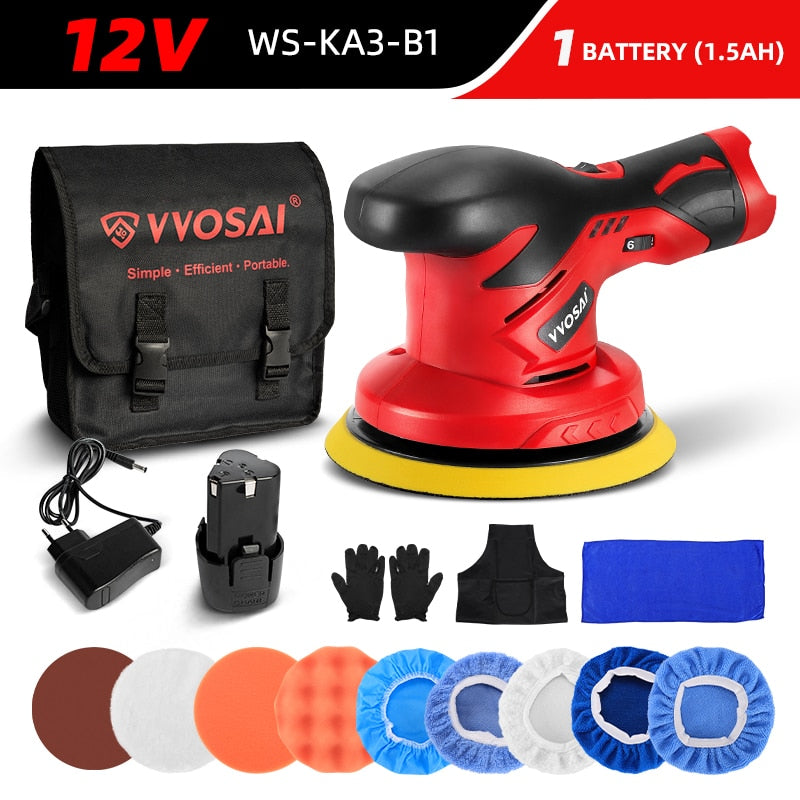 WOSAI 12V Cordless Car Polisher 6 Speed Adjustment Electric Dual Action Wireless Car Polishing Machine and Waxing Power Tools