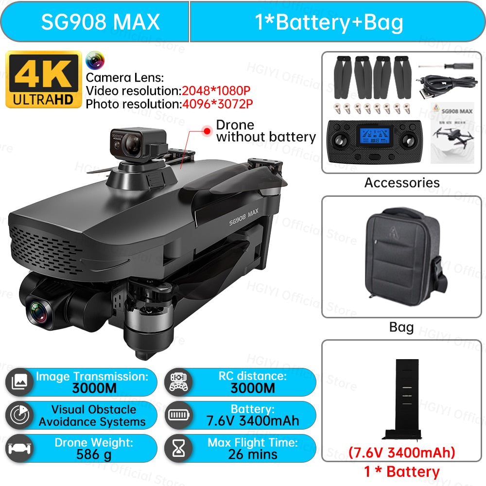 HGIYI SG908 Max Drone 4K Profesional 3-Axis Gimbal Obstacle Avoidance HD Camera Dron GPS RC Helicopter Quadcopter VS SG907 Max