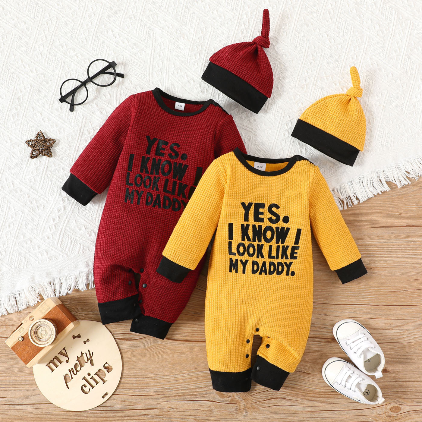 PatPat 2pcs Baby Boy/Girl Letter Embroidered Long-sleeve Knitted Jumpsuit with Hat Set