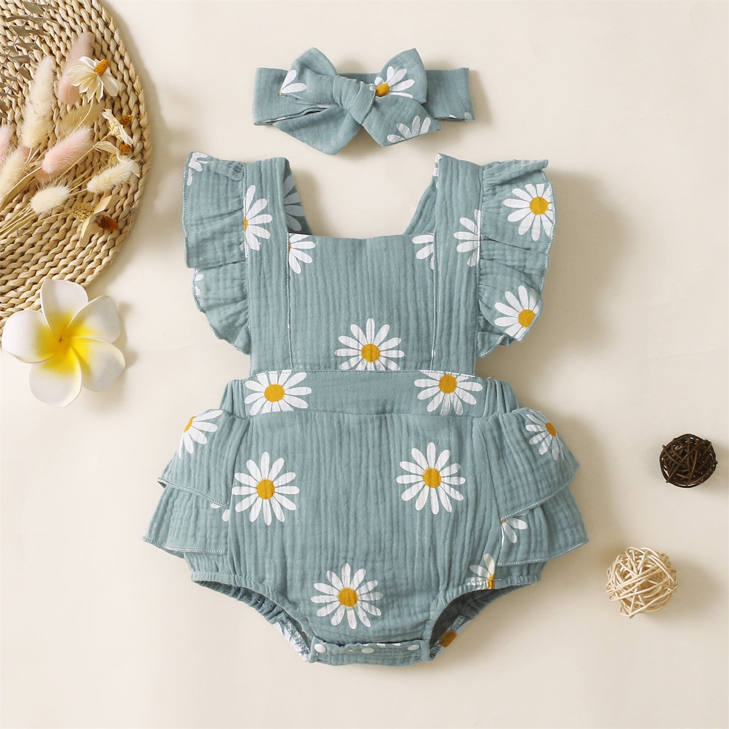 PatPat 100% Cotton 2pcs Baby Girl Bodysuit Daisy Print Crepe Fabric Baby Romper Sets Baby Girls Jumpsuits Clothes