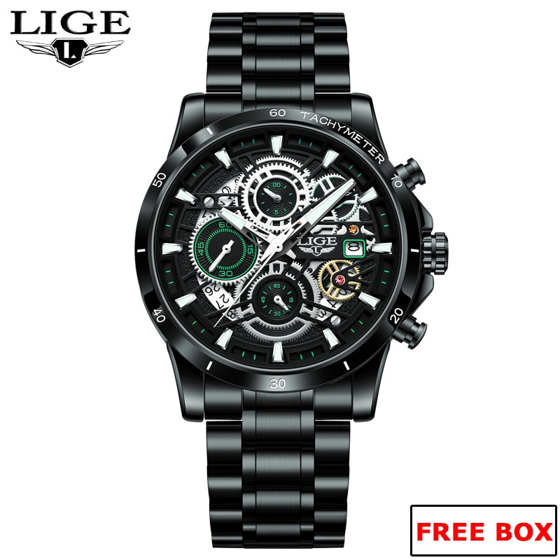 LIGE New Fashion Mens Watches Gold Stainless Steel Top Brand Luxury Sports Waterproof Watches Quartz Watch Men Relogio Masculino