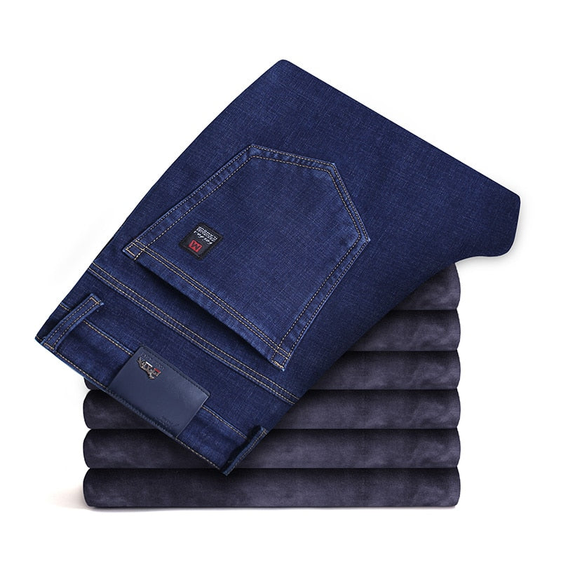 2022 Winter New Men&#39;s Fleece Warm Jeans Classic Style Business Casual Thicken Regular Fit Denim Pants Black Blue Brand Trousers